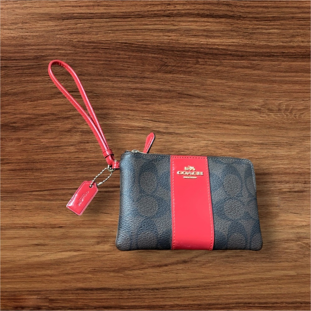 Coach corner zip wristlet wallet in Signature PVC brown leather/redโ patent. EUC